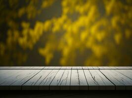 Wooden table and blur tropical Yellow Color background, product display montage. High quality photo 8k FHD AI generated