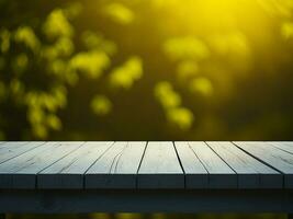 Wooden table and blur tropical Yellow Color background, product display montage. High quality photo 8k FHD AI generated