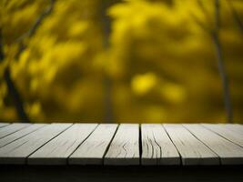 Wooden table and blur tropical Yellow Color background, product display montage. High quality photo 8k FHD AI generated