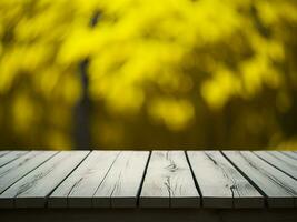 Wooden table and blur tropical Yellow Color background, product display montage. High quality photo 8k FHD AI generated