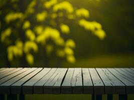 Wooden table and blur tropical Yellow Color background, product display montage. High quality photo 8k FHD AI generated