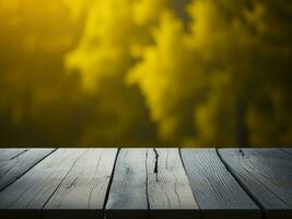 Wooden table and blur tropical Yellow Color background, product display montage. High quality photo 8k FHD AI generated