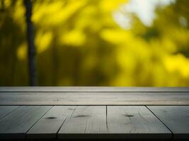 Wooden table and blur tropical Yellow Color background, product display montage. High quality photo 8k FHD AI generated