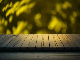 Wooden table and blur tropical Yellow Color background, product display montage. High quality photo 8k FHD AI generated