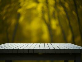Wooden table and blur tropical Yellow Color background, product display montage. High quality photo 8k FHD AI generated