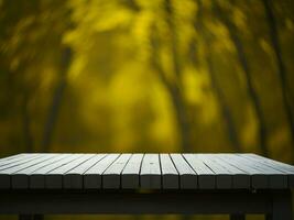 Wooden table and blur tropical Yellow Color background, product display montage. High quality photo 8k FHD AI generated