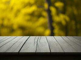 Wooden table and blur tropical Yellow Color background, product display montage. High quality photo 8k FHD AI generated