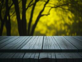 Wooden table and blur tropical Yellow Color background, product display montage. High quality photo 8k FHD AI generated