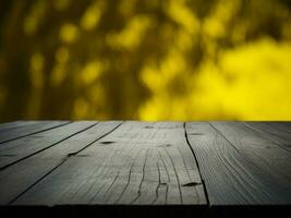 Wooden table and blur tropical Yellow Color background, product display montage. High quality photo 8k FHD AI generated