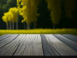 Wooden table and blur tropical Yellow Color background, product display montage. High quality photo 8k FHD AI generated