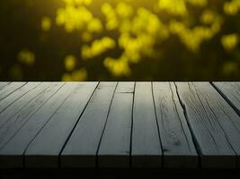 Wooden table and blur tropical Yellow Color background, product display montage. High quality photo 8k FHD AI generated