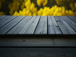 de madera mesa y difuminar tropical amarillo color fondo, producto monitor montaje. alto calidad foto 8k fhd ai generado