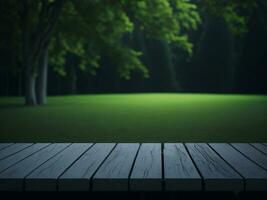 Wooden table and blur tropical green grass background, product display montage. High quality photo 8k FHD AI generated