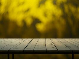 Wooden table and blur tropical green grass background, product display montage. High quality photo 8k FHD AI generated