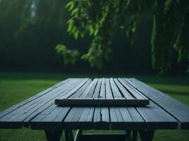 Wooden table and blur tropical green grass background, product display montage. High quality photo 8k FHD AI generated