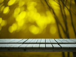 Wooden table and blur tropical green grass background, product display montage. High quality photo 8k FHD AI generated