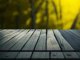 Wooden table and blur tropical green grass background, product display montage. High quality photo 8k FHD AI generated