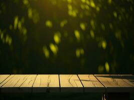 Wooden table and blur tropical green grass background, product display montage. High quality photo 8k FHD AI generated