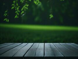 Wooden table and blur tropical green grass background, product display montage. High quality photo 8k FHD AI generated