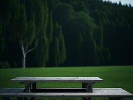 Wooden table and blur tropical green grass background, product display montage. High quality photo 8k FHD AI generated