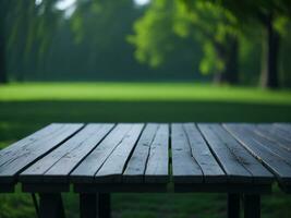 Wooden table and blur tropical green grass background, product display montage. High quality photo 8k FHD AI generated