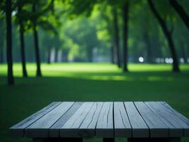 Wooden table and blur tropical green grass background, product display montage. High quality photo 8k FHD AI generated