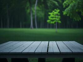 Wooden table and blur tropical green grass background, product display montage. High quality photo 8k FHD AI generated