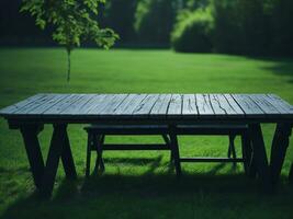 Wooden table and blur tropical green grass background, product display montage. High quality photo 8k FHD AI generated