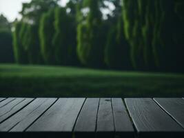 Wooden table and blur tropical green grass background, product display montage. High quality photo 8k FHD AI generated