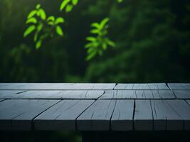 Wooden table and blur tropical green grass background, product display montage. High quality photo 8k FHD AI generated