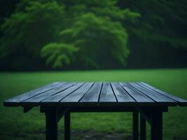 Wooden table and blur tropical green grass background, product display montage. High quality photo 8k FHD AI generated