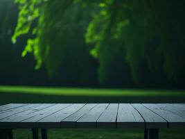 Wooden table and blur tropical green grass background, product display montage. High quality photo 8k FHD AI generated