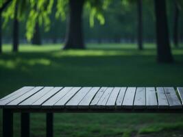 Wooden table and blur tropical green grass background, product display montage. High quality photo 8k FHD AI generated