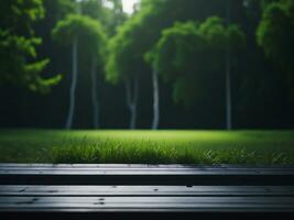 Wooden table and blur tropical green grass background, product display montage. High quality photo 8k FHD AI generated