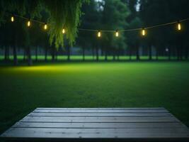 Wooden table and blur tropical green grass background, product display montage. High quality photo 8k FHD AI generated