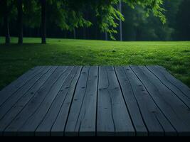 Wooden table and blur tropical green grass background, product display montage. High quality photo 8k FHD AI generated