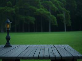 Wooden table and blur tropical green grass background, product display montage. High quality photo 8k FHD AI generated