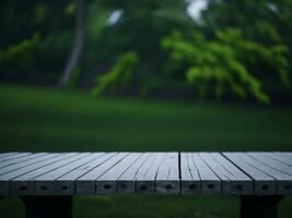 Wooden table and blur tropical green grass background, product display montage. High quality photo 8k FHD AI generated