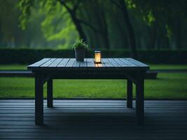 Wooden table and blur tropical green grass background, product display montage. High quality photo 8k FHD AI generated