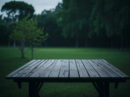 Wooden table and blur tropical green grass background, product display montage. High quality photo 8k FHD AI generated