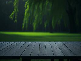 Wooden table and blur tropical green grass background, product display montage. High quality photo 8k FHD AI generated