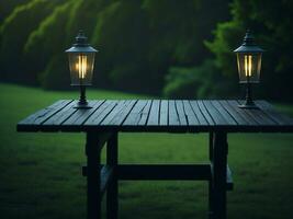 Wooden table and blur tropical green grass background, product display montage. High quality photo 8k FHD AI generated