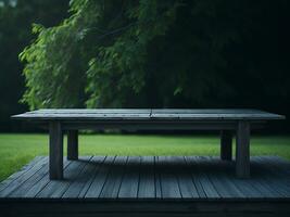 Wooden table and blur tropical green grass background, product display montage. High quality photo 8k FHD AI generated