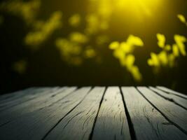 Wooden table and blur tropical green grass background, product display montage. High quality photo 8k FHD AI generated