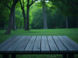 Wooden table and blur tropical green grass background, product display montage. High quality photo 8k FHD AI generated