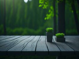 Wooden table and blur tropical green grass background, product display montage. High quality photo 8k FHD AI generated