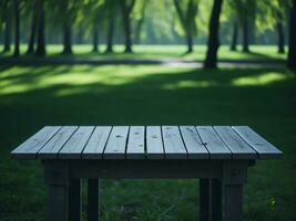 Wooden table and blur tropical green grass background, product display montage. High quality photo 8k FHD AI generated