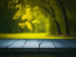 Wooden table and blur tropical green grass background, product display montage. High quality photo 8k FHD AI generated