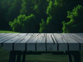 Wooden table and blur tropical green grass background, product display montage. High quality photo 8k FHD AI generated