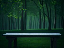 Wooden table and blur tropical green grass background, product display montage. High quality photo 8k FHD AI generated